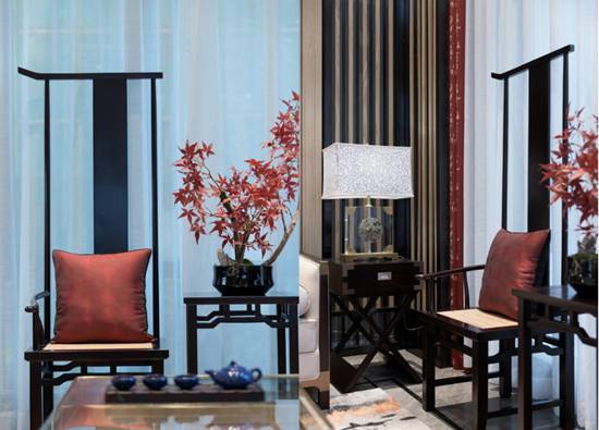 挑高的客厅“博古通今”，一抹朱砂红点燃生活热情，这个240㎡的新中式四居室有灵魂~