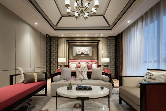 挑高的客厅“博古通今”，一抹朱砂红点燃生活热情，这个240㎡的新中式四居室有灵魂~